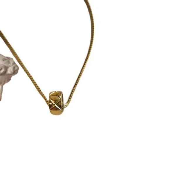 Plaid 18K Gold Yellow Gold Cylinder Lovers Circle Wheel Chain Necklace Dainty - Picture 4 of 6